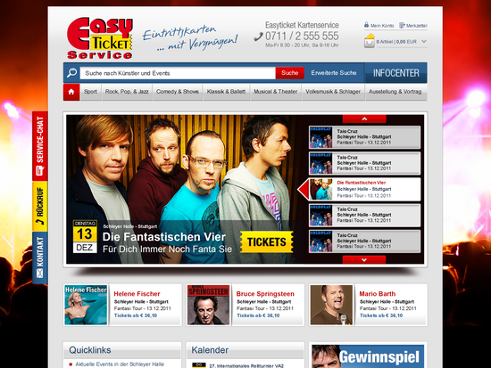 Screenshot der Webseite von Easy Ticket Service mit Veranstaltungshinweisen, Ticketangeboten und großem Bannerbild der Fantastischen Vier.