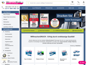 Screenshot der Webseite von WIRmachenDRUCK mit Navigationsmenü, Produktauswahl für Drucksachen und Werbebanner mit Testsieger-Auszeichnungen.