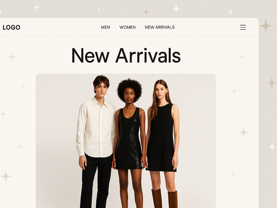 Screenshot einer Mode-Webseite mit Menüleiste, Überschrift New Arrivals und drei Models in eleganter Kleidung vor hellem Hintergrund.