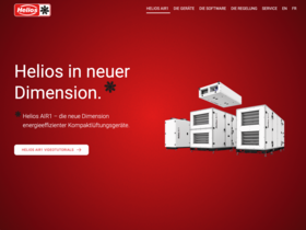 Screenshot der Webseite von Helios mit rotem Hintergrund, Produktpräsentation von Kompaktlüftungsgeräten und Navigationsleiste im oberen Bereich.