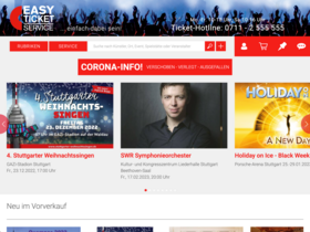 Screenshot der Webseite von Easy Ticket Service mit Ticketangeboten und Veranstaltungen wie Weihnachtsingen, SWR Symphonieorchester und Holiday on Ice.