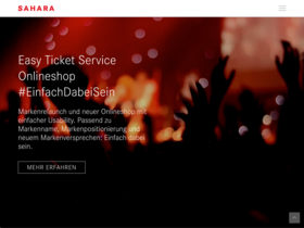 Screenshot der Webseite von Sahara mit rotem Logo, Konzert-Hintergrund und Text zum Easy Ticket Service Onlineshop sowie Button für weitere Informationen.