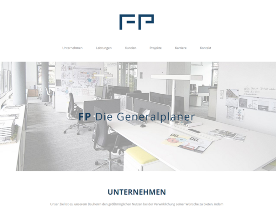 Screenshot der Webseite von FP Die Generalplaner mit Navigationsleiste, Büroaufnahme im Hintergrund und Unternehmensvorstellung im unteren Bereich.