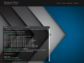 Screenshot einer Webseite von Roland Tfirst mit Navigationsleiste und geöffnetem Terminal-Fenster, im Hintergrund ein geometrisches Muster in Blau- und Grautönen.