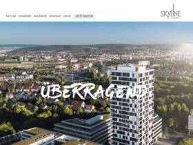 Screenshot der Webseite Skyline Stuttgart mit Stadtpanorama, modernem Hochhaus im Vordergrund und großem Schriftzug überragend.