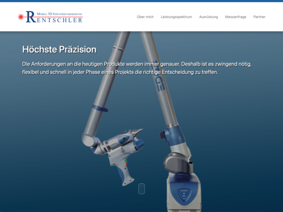 Screenshot der Webseite von Rentschler Mobile 3D Industriemessung mit Navigationsleiste und 3D-Messarm vor blauem Hintergrund.