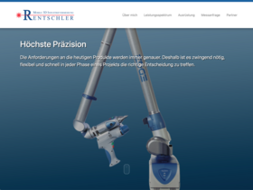 Screenshot der Webseite von Rentschler Mobile 3D Industriemessung mit Navigationsleiste und 3D-Messarm vor blauem Hintergrund.