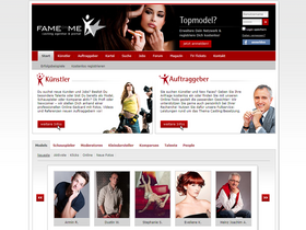 Screenshot der Webseite Fameonme mit Angeboten für Künstler und Auftraggeber, Navigationsleiste und Profilbildern verschiedener Models im unteren Bereich.
