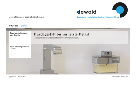 Screenshot der Webseite von dewald mit schlichtem Design, Bild einer modernen Armatur und Hinweisen zu Badmodernisierung und Heizungswartung.